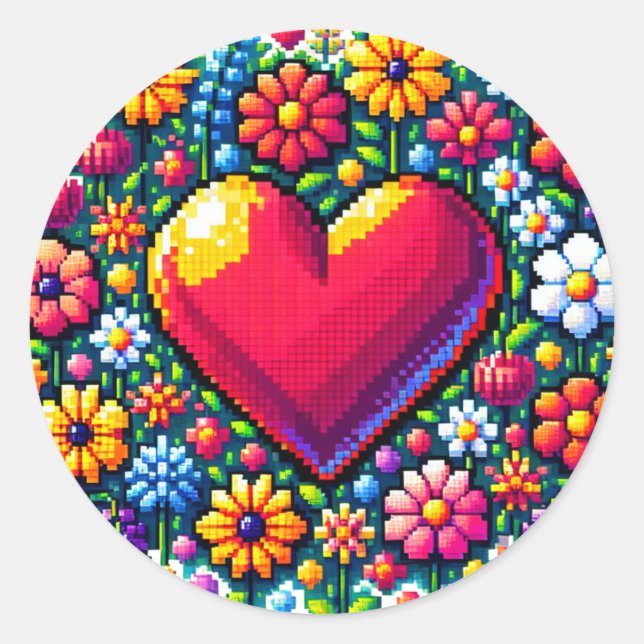 Heart in Flowers Pixel Art  Classic Round Sticker (Front)