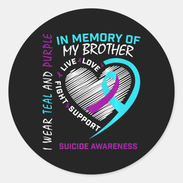 Heart In Memory Of My Brother Suicide Awareness Pr Classic Round Sticker (Front)