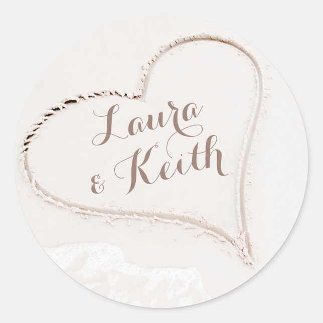 Heart in Sand Beach Wedding Classic Round Sticker (Front)