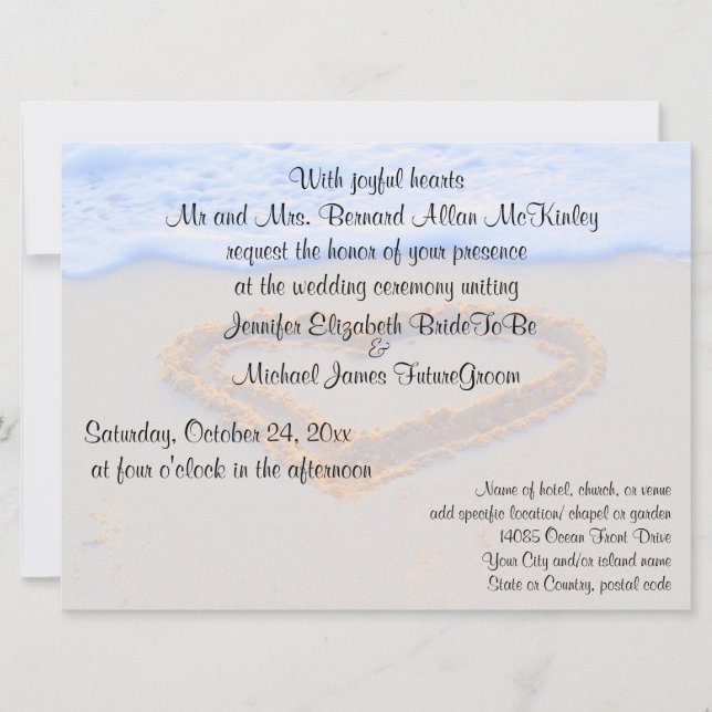 Heart in  Sand Beach Wedding Invitation (Front)