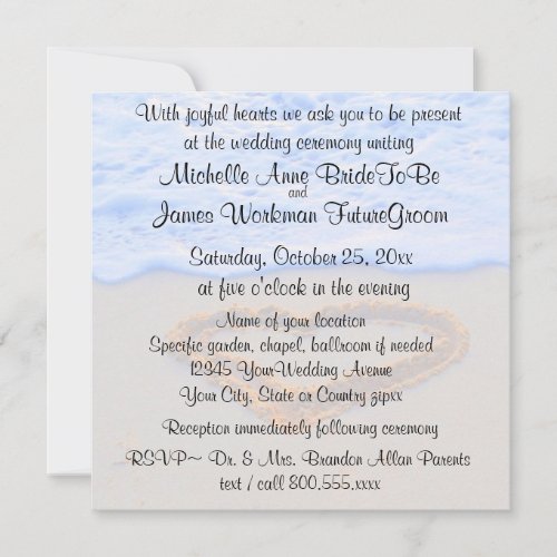 Heart in Sand Beach Wedding with RSVP Invitation