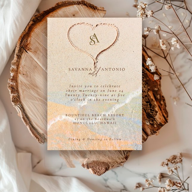 Heart in Sand Boho Chic Beach Destination Wedding Invitation (Creator Uploaded)