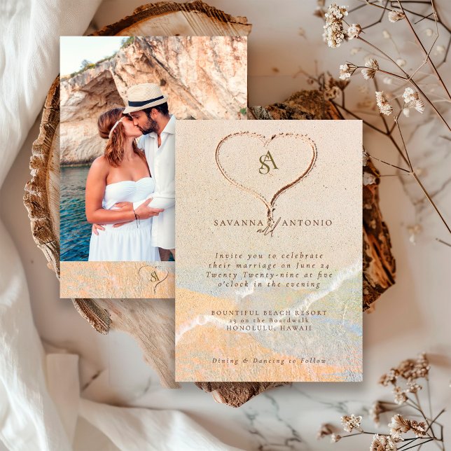 Heart in Sand Boho Photo Beach Destination Wedding Invitation (Creator Uploaded)