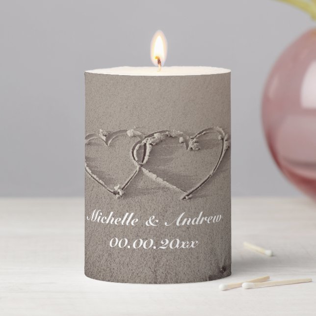 Heart in sand photo beach wedding pillar candle (In Situ)