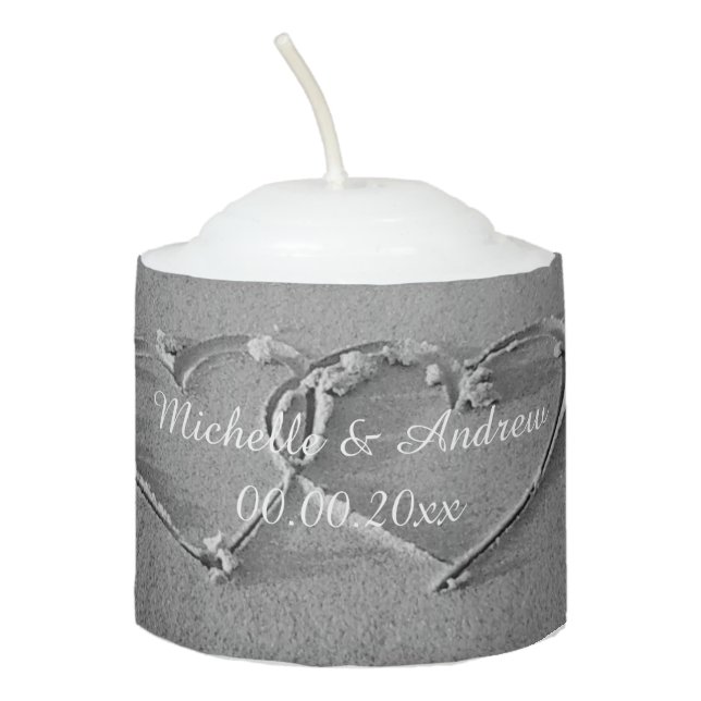 Heart in sand photo beach wedding votive candle (Front)