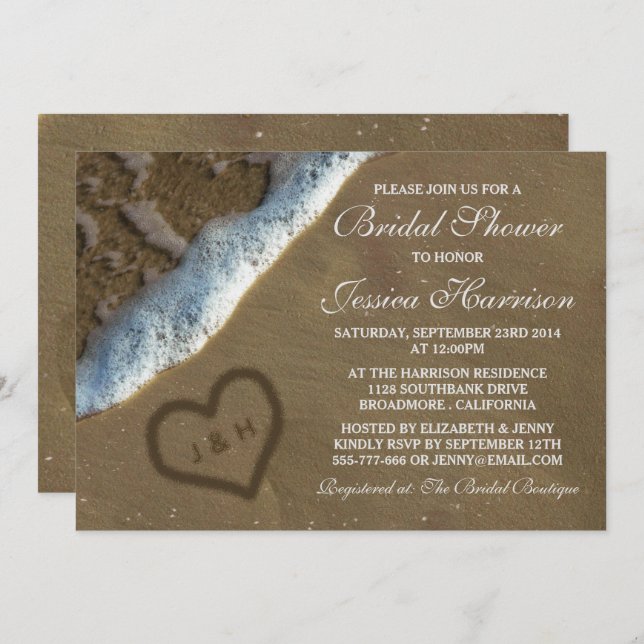Heart In The Sand Beach Bridal Shower Invitations (Front/Back)