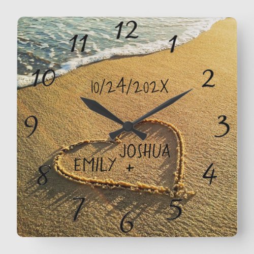 Heart in the Sand Beach Shore Tropical Ocean View Square Wall Clock