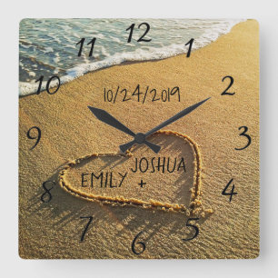 Heart in the Sand Beach Shore Tropical Ocean View Square Wall Clock