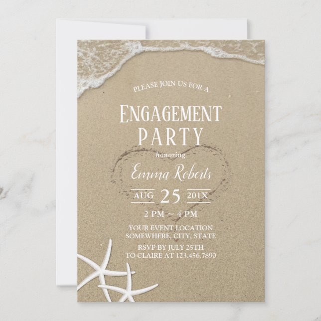 Heart in the Sand Beach Wedding Engagement Party Invitation (Front)