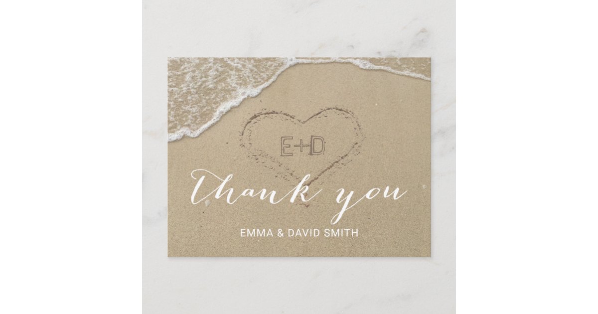 Heart in the Sand Beach Wedding Thank You Postcard | Zazzle