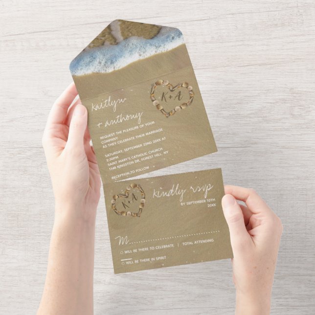 Heart In The Sand Monogram Beach Wedding All In One Invitation (Tearaway)