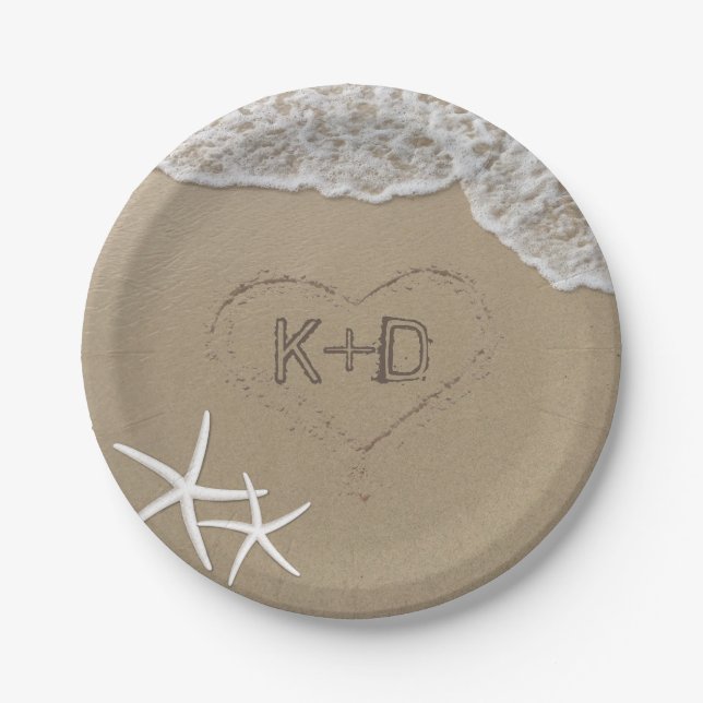 Heart in the Sand Starfish Summer Beach Wedding Paper Plates (Front)