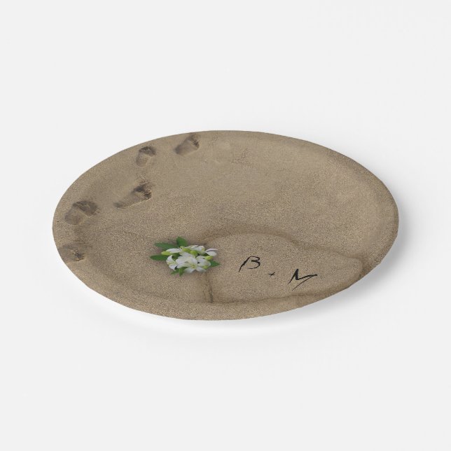 Heart in the Sand with Initials Paper Plates (Angled)