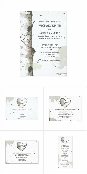 Heart & Initials Carved in Tree Wedding Invitation Set