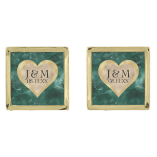 Heart Initials on Emerald Green & Gold Wedding Cufflinks
