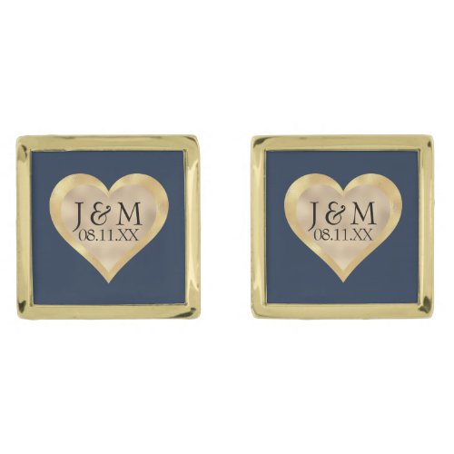 Heart Initials on Navy Blue  Gold Wedding Cufflinks
