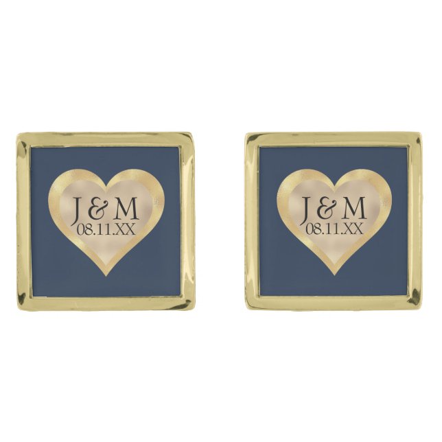 Heart Initials on Navy Blue & Gold Wedding Cufflinks (Front)