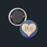 Heart Initials on Navy Blue & Gold Wedding Magnet<br><div class="desc">This custom magnet has faux gold foil heart over a glamorous navy blue background. Custom monogram initials and a sample wedding date are in the center.</div>