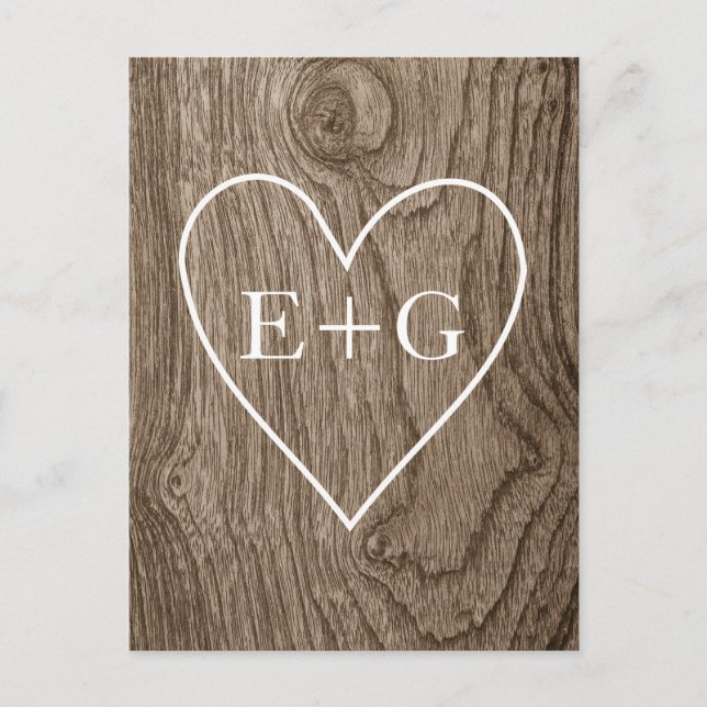 Heart & initials wood rustic wedding Save the Date Announcement Postcard (Front)