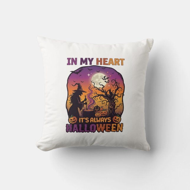 Heart Its Always Halloween Witch Cauldron Tree Moo Throw Pillow (Front)