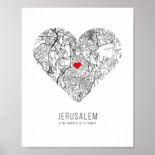 Heart Jerusalem City Map Israel Poster