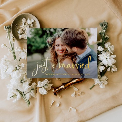 Heart  Just Married Gold Foil Announcement