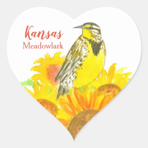 Heart Kansas Meadowlark Bird Yellow Sunflower  Heart Sticker