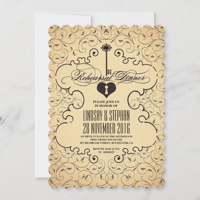 Heart Key Vintage Rehearsal Dinner Invitation (Front)