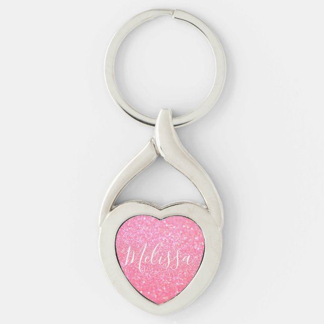 Heart Keychain Glitter Personalized Name Pink (Front)