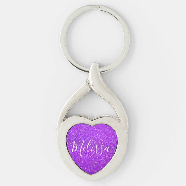 Heart Keychain Glitter Personalized Name Purple (Front)