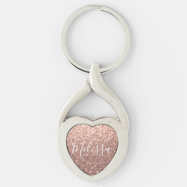 Heart Keychain Glitter Personalized Name Rose Gold (Front)