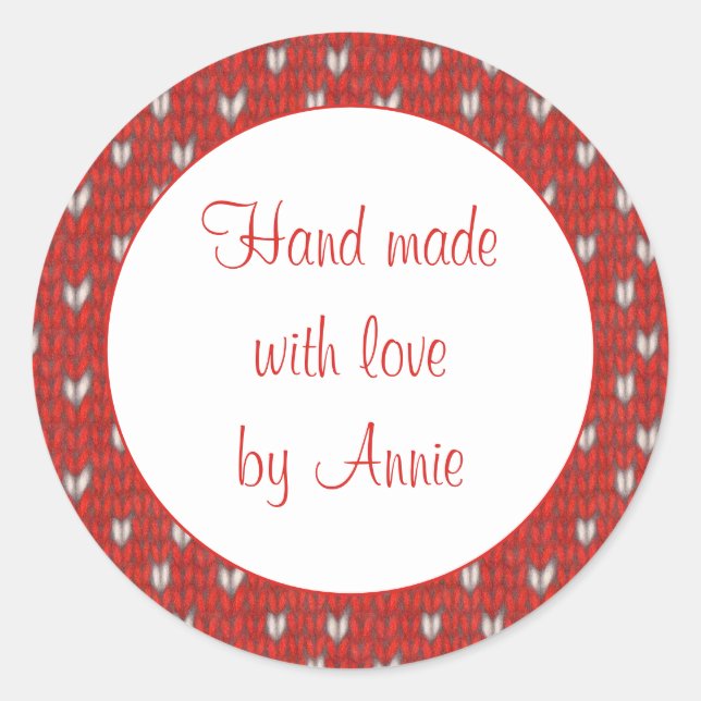 HEART KNIT 3" Round "Hand Made" Stickers (Front)