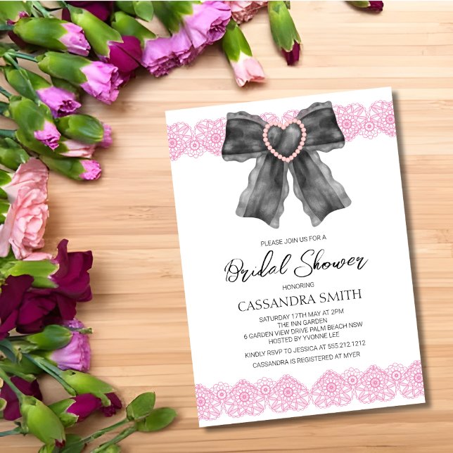 Heart Lace Ribbon Black Bow Bridal Shower  Invitation (Creator Uploaded)