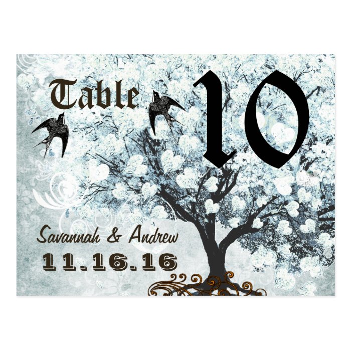 Heart Leaf Aqua Gray Damask Tree Table Number Card Post Card