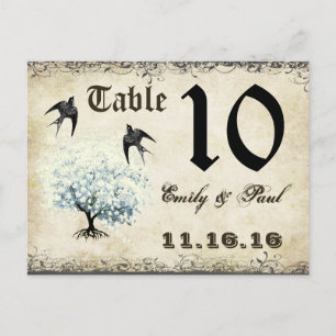 Heart Leaf Blue Tree Birds Table Number Card