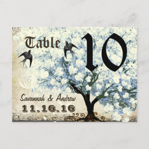 Heart Leaf Blue Tree Birds Table Number Card
