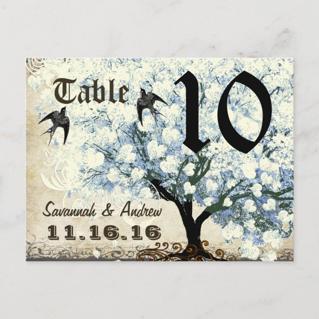 Heart Leaf Blue Tree Birds Table Number Card (Front)