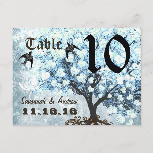 Heart Leaf Blue Tree Birds Table Number Card