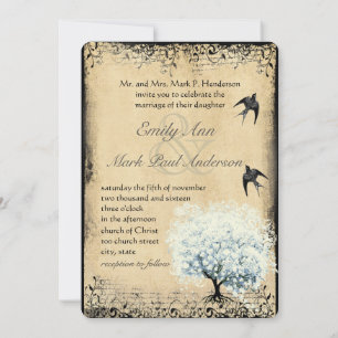 Heart Leaf Blue Tree Vintage Bird Faux Parchment Invitation