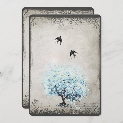 Heart Leaf Blue Tree Vintage Bird Silver Parchment Invitation