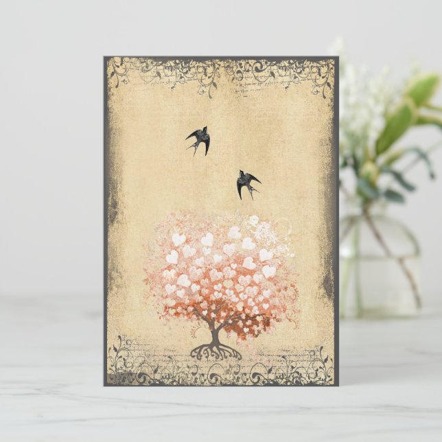 Heart Leaf Coral Peach Bud Tree Love Bird Wedding Invitation (Standing Front)