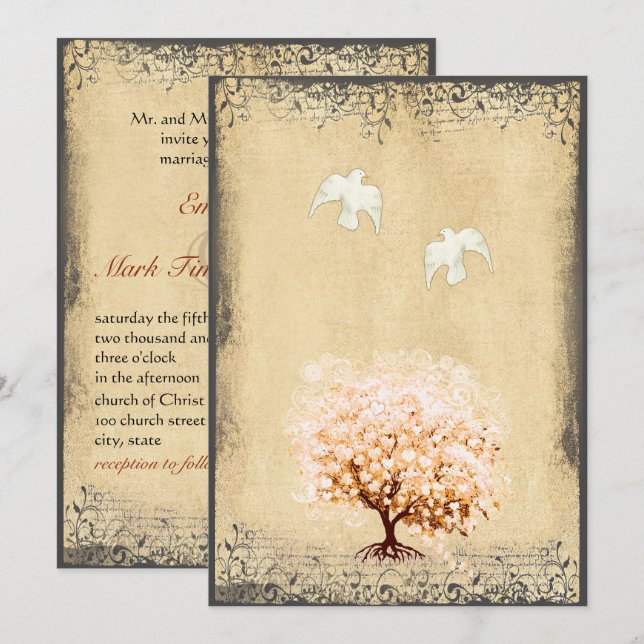 Heart Leaf Coral Tree Dove Love Bird Weddings Invitation (Front/Back)