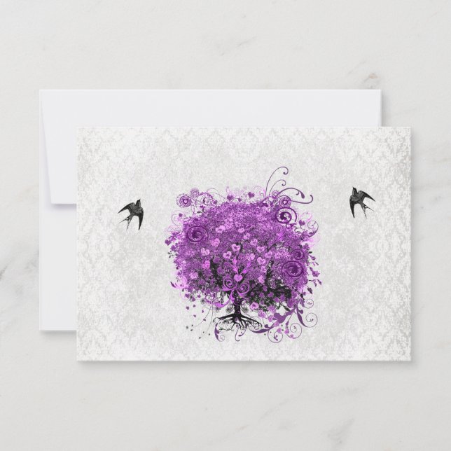 Heart Leaf Eggplant Tree Vintage Birds RSVP Card (Front)