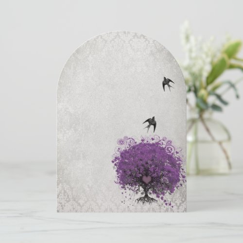 Heart Leaf Eggplant Tree Vintage Birds Wedding Custom Announcement