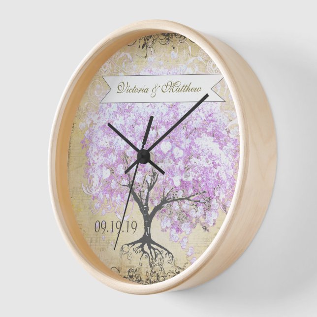 Heart Leaf Lavender Tree Vintage Bird Wedding Clock (Angle)