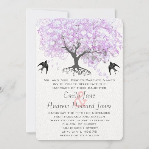 Heart Leaf Lavender Tree Vintage Bird Wedding Invitation