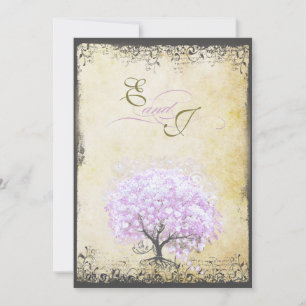 Heart Leaf Lavender Tree Vintage Bird Wedding Invitation