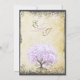 Heart Leaf Lavender Tree Vintage Bird Wedding Invitation