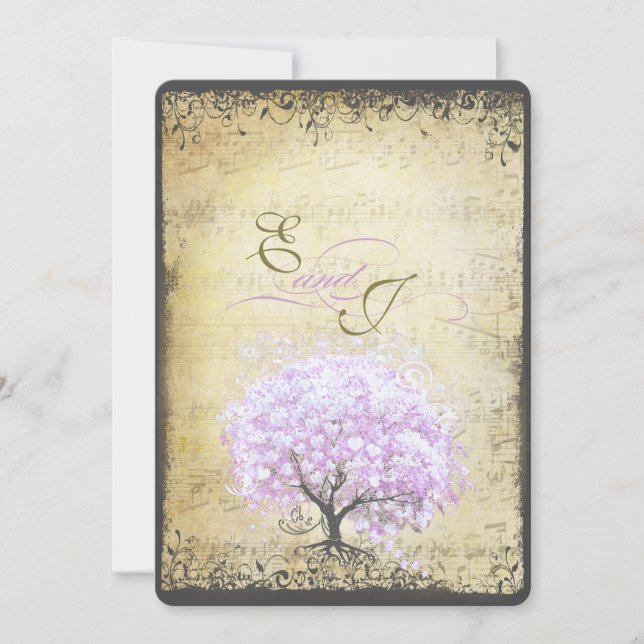 Heart Leaf Lavender Tree Vintage Bird Wedding Invitation (Front)