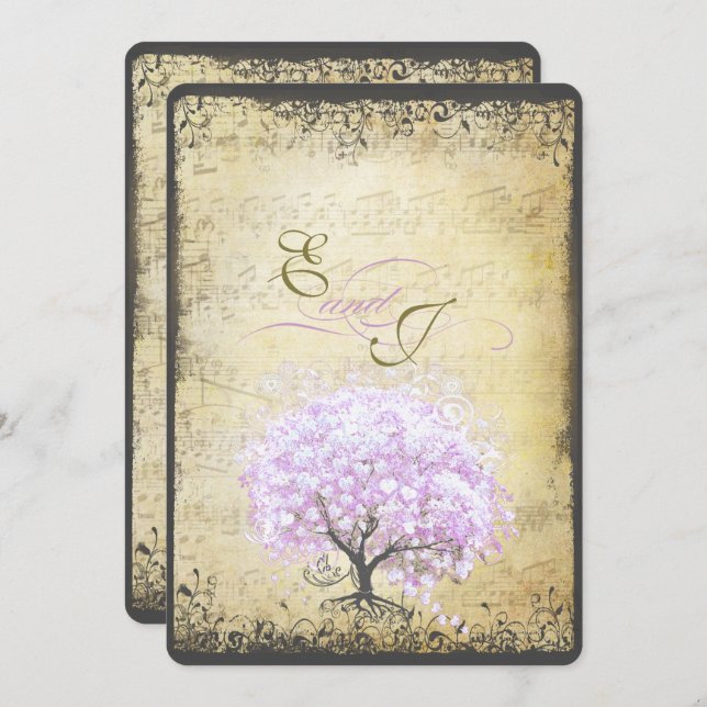 Heart Leaf Lavender Tree Vintage Bird Wedding Invitation (Front/Back)